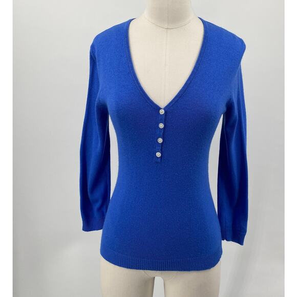 Lauren Ralph Lauren Sweater Top Silk Cashmere Button Up V Neck Blue Womens XS - Picture 2 of 8